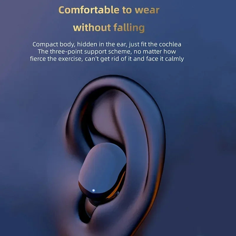 TWS G9S Bluetooth Headphones shown fitting comfortably in ear with compact, secure design and LED indicator light.
