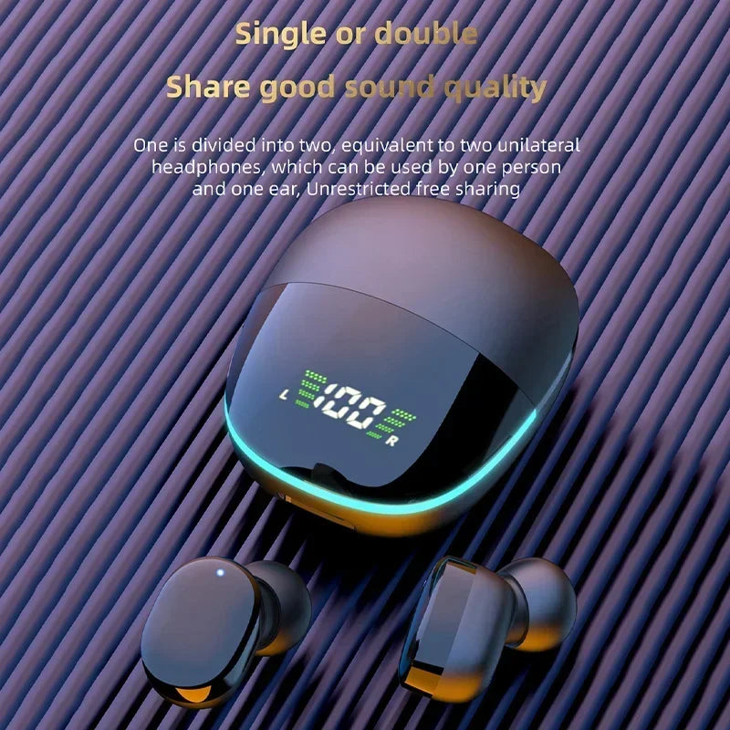 TWS G9S Bluetooth headphones with LED display charging case showing battery level and wireless earbuds placed on textured surface
