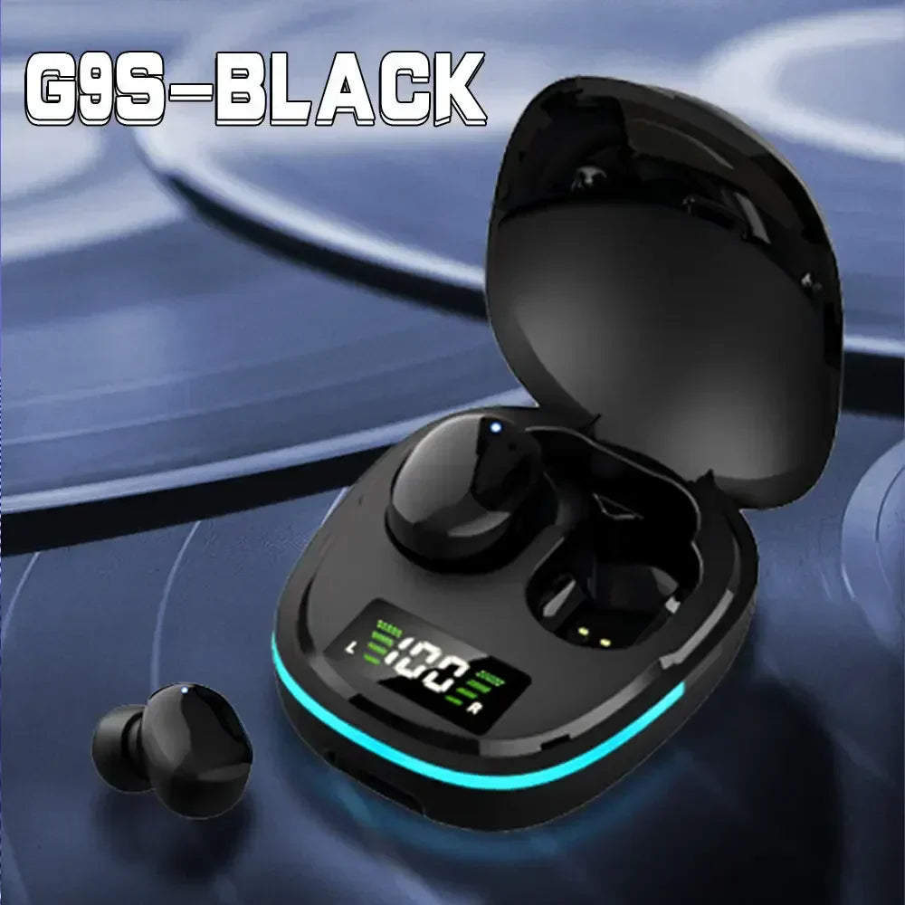 TWS G9S Bluetooth headphones in black with LED display charging case and wireless earbuds design