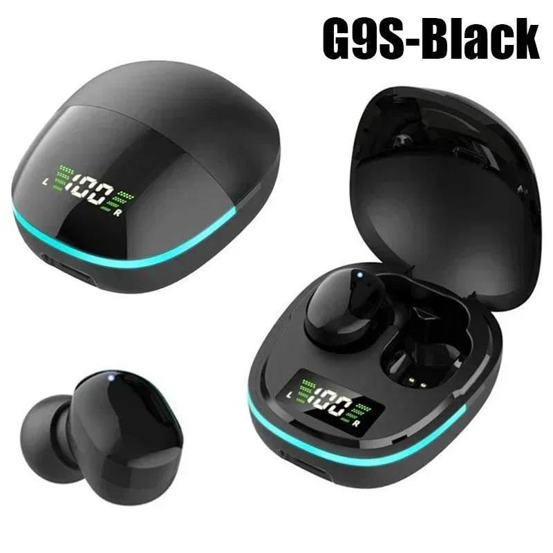 TWS G9S Bluetooth headphones in black with LED charging case and digital battery display, true wireless earbuds with microphone and touch controls.