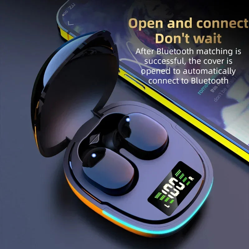 TWS G9S Bluetooth headphones in open LED charging case showing battery levels with smartphone in background